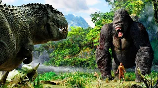 A Huge Gorilla Fights A Tyrannosaurus Rex To Save The Girl From His Teeth