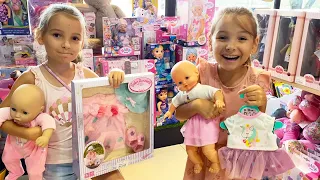 Baby doll and Baby Annabel doing shopping at toy. store Kids Video | Magic twins