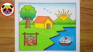Easy Village Scenery Drawing / Simple Landscape Scenery Drawing / How to Draw Easy Scenery