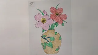 Complete the coloring picture of a flower pot with a branch-patterned vase