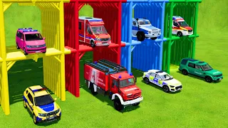 POLICE CARS, AMBULANCE EMERGENCY VEHICLES, FIRE DEPARTMENT TRUCK TRANSPORTING ! Farming Simulator 22