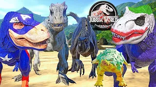 Camp Cretaceous Dinosaurs vs MARVEL Super Hero Mods Dinosaurs Fight 🌍 JURASSIC WORLD EVOLUTION