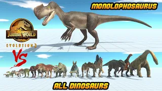(JWD) Monolophosaurus VS ALL UNITS DINOSAURS - Animal Revolt Battle Simulator New