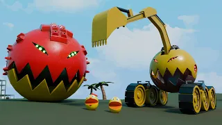 Pacman and Ms Pacman Vs Excavator Robot & Green Eyed Robot Monster