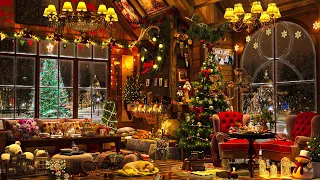 Cozy Christmas Coffee Shop Ambience ☕🎄 Sweet Christmas Jazz Music with Snow Falling for Relaxing