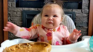 Cute Baby Eats Beef,Eggs, and Toast.