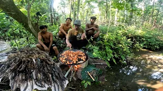 12 Hours Day Survival at Mid Jungle ! Catching Prawn ! Prawn Fishing Cooking and Eating Near River
