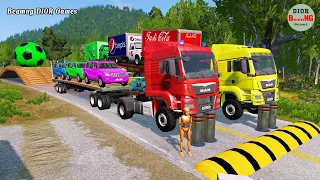 Double Flatbed Trailer Truck cars vs rails tractor vs train cars vs bollards Beamng Drive 298