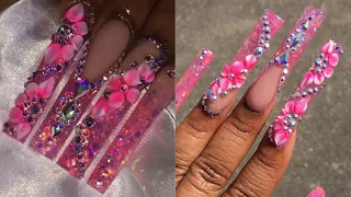 PINK GLITTER 3D FLOWER FREESTYLE NAILS 🌺 | ACRYLIC NAIL TUTORIAL ✨