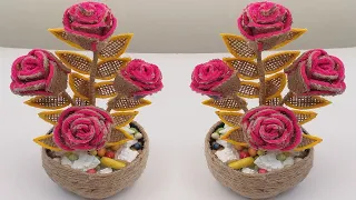 DIY Rose Flower vase Decoration Idea with Jute Rope | Home Decor Jute Flower Showpiece@DianCrafts