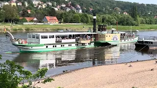 Встреча на Эльбе старинный колесный пароход. Мост Голубое чудо. Германия. Дрезден. Саксония.