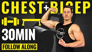 30 MINUTE CHEST AND BICEP DUMBBELL WORKOUT with Bench