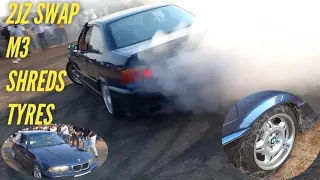 2JZ swap E36 BMW M3 blows tyres doing crazy donuts|| 2JZ BMW M3 is insane|| Cars924