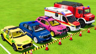 DACIA, AUDI POLICE CARS & MERCEDES AMBULANCE EMERGENCY and FIRE DEPARTMENT TRANSPORTING ! FS22