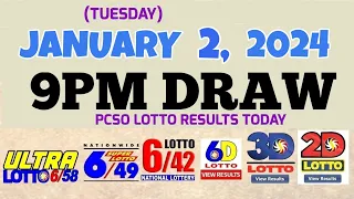 Lotto Result Today 9pm draw January 2, 2024 6/58 6/49 6/42 6D Swertres Ez2 PCSO#lotto