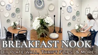 DIY BREAKFAST NOOK/VINTAGE PLATE WALL TUTORIAL/HOW TO CREATE A COZY KITCHEN USING THRIFTED DECOR