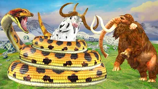 Woolly Mammoth Vs Titanoboa Snake Fight Cartoon Cow Saved by Zombie Mammoth Elephant Animal Epic