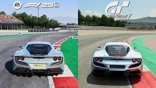 F1 23 Vs GT7 Comparisons - Circuit de Barcelona-Catalunya Update & Ferrari F8 Tributo [4KPS5]