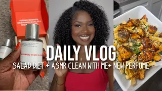SALAD DIET + PIN CURLS ON MY SILK PRESS+ ASMR CLEANING + NEW PERFUME | DAILY VLOG