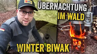 Gemütliches Winter Biwak mit Bushcraft Übernachtung im Wald mit Tarp + GIVE AWAY