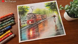 Rainy Day Tram Scenery Painting - Oil Pastel Tutorial - Step by Step