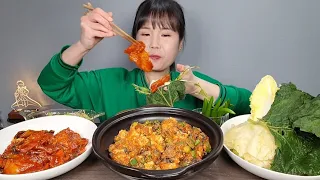 맛있는먹방♡ 우렁 쌈밥🍚 우렁 강된장, 삼겹살 제육볶음🥩 호박잎, 양배추, 쌈 먹방 Spicy pork belly, stir-fried pork, and ssam mukbang