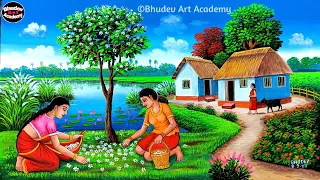 Beautiful Village Autumn Scenery Painting|Indian Village Woman Scenery Painting With Earthwatercolor