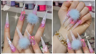 🦋DIY Spring Encapsulated Pink Glitter & Milky White Ombré Stiletto Butterfly Bling Polygel Nails🦋