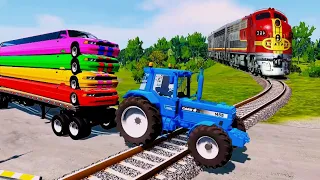 Tractor vs train Crash test 084 - Double Flatbed Trailer Truck Vs Speedbumps Transporting car: Chotu