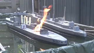 Wooden Model Ship On Fire And Sinking: Cruiser Principe Alfonso Versus Cruiser Black Prince