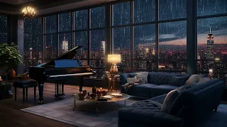 Urban Serenity | Night Rain on Window with Soothing Piano Sounds | Cozy Night Ambience