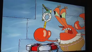 A scene of Mr. Krabs and Plankton fighting in the restroom.