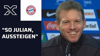 "Rollbahn verkürzt?" - FC Bayern landet nicht in Schönefeld: Julian Nagelsmann scherzt auf PK