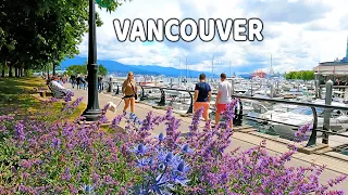 🇨🇦【4K】Downtown  Vancouver BC, Canada. Relaxing Walk. Sunny Day. Coal Harboar & Denman St. June 2023.