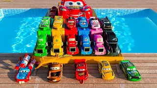 Disney Pixar Cars falling into deep pool, Lightning McQueen, Tow Mater, Mack, Sally, Francesco