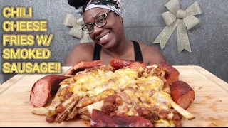 CHILI CHEESE FRIES AND SMOKED SAUSAGE MUKBANG!!|LETS HAVE A VISION BOARD PARTY!