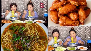 Nepali Mukbang spicy 🥵Thukpa with# pork chicken wings/with my friends