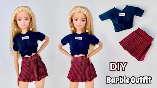 DIY Barbie Doll Clothes! Pleated Skirt + Tied Crop Top! How To Make Trendy Clothes For Barbie Dolls