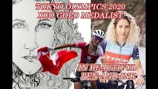 Drawing Jolanda Neff-  Olympic Gold Medalist in XCO- Caricature. Pencil to Pen-and-Ink