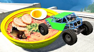 Incredible Cars Long Jumping Over Giant Cup of Piranha Soup | BEAMNG DRIVE FUN - Open Bridge Crashes