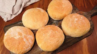 No-knead crusty buns! Best and easiest bread you'll ever bake! 4 ingredients!