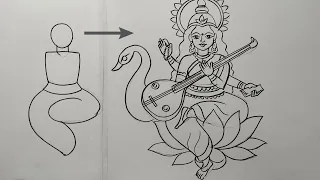 how to draw saraswati devi,maa saraswati ful figer drawing,line art maa saraswati thakur ,