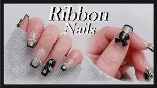 Cute and Pretty Ribbon Nails/easy to do French nail/nail tips/nail extension/Korean nail/french nail