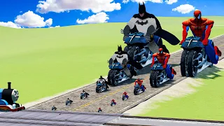 Big & Small Spiderman on a motorcycle vs Batman on a motorcycle vs Thomas the Train | BeamNG.Drive