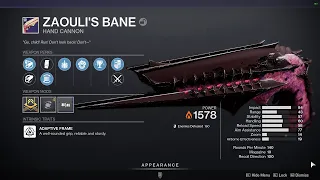 Destiny 2 Kings Fall Raid PVE god roll Zaouli's Bane hand cannon.