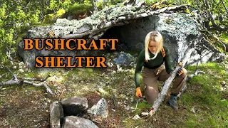 UPGRADING MY BUSHCRAFT SHELTER in the forest  | carving, berries, smoothie
