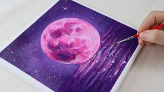 Super Pink Moon / Easy acrylic painting for beginners / PaintingTutorial / Painting ASMR