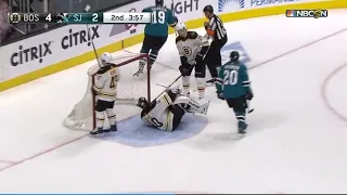 Joe Thornton sneaks in the back door on Tuukka Rask