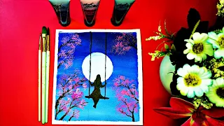 Easy Painting Technique // Alone Girl Swinging in the beautiful moonlight night // Acrylic  Painting