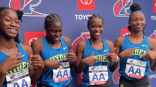 Jamaica's Hydel Girls React to Winning High School Girls Championship 4x100m at the 2024 Penn Relays